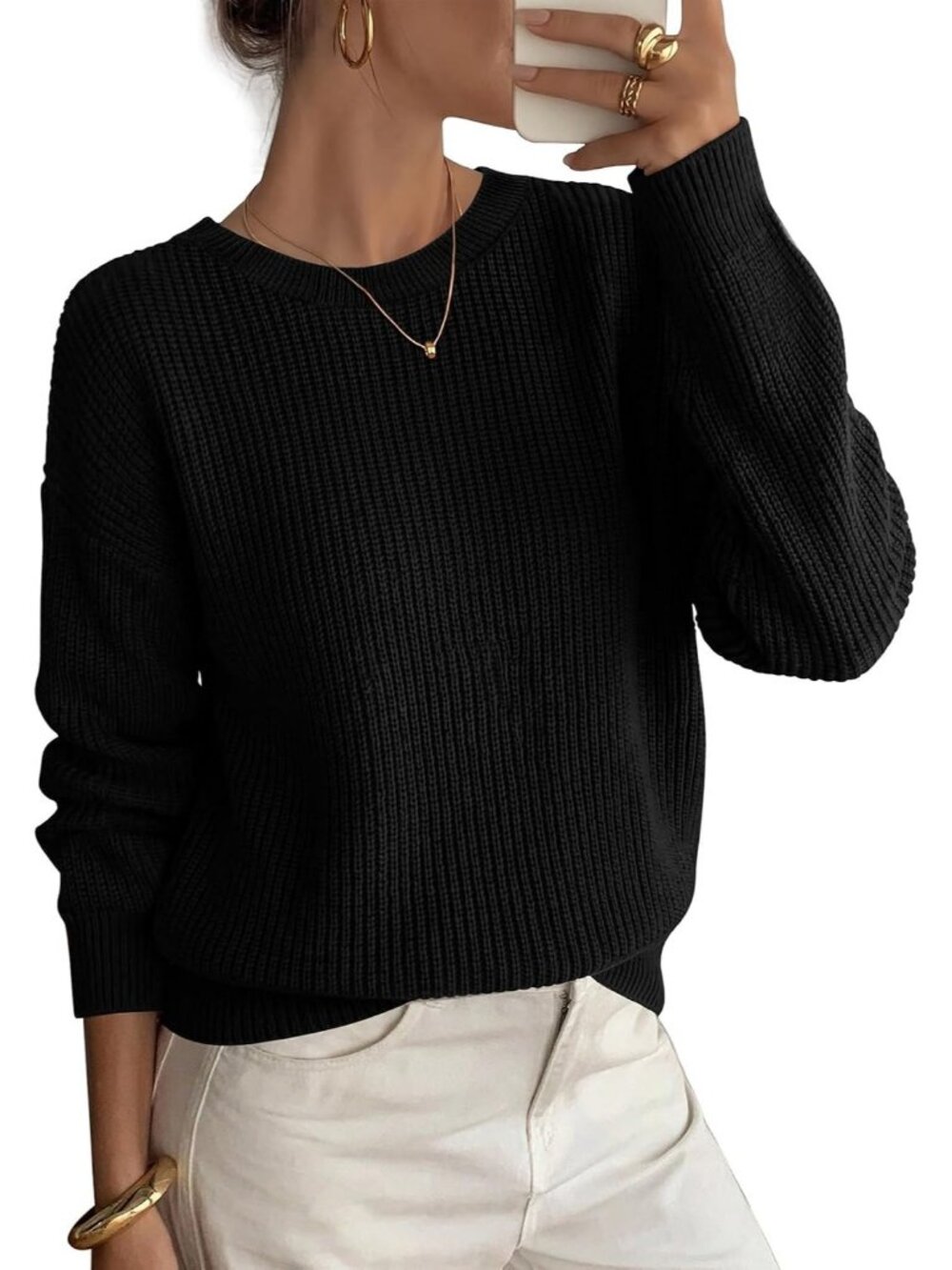 Women's Black Crew Neck Long Sleeve Fall Fashion Trendy Crew Neck Sweaters